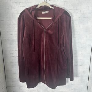 Chico’s women’s velvet hoodie zip front pockets plum color Cozycore soft